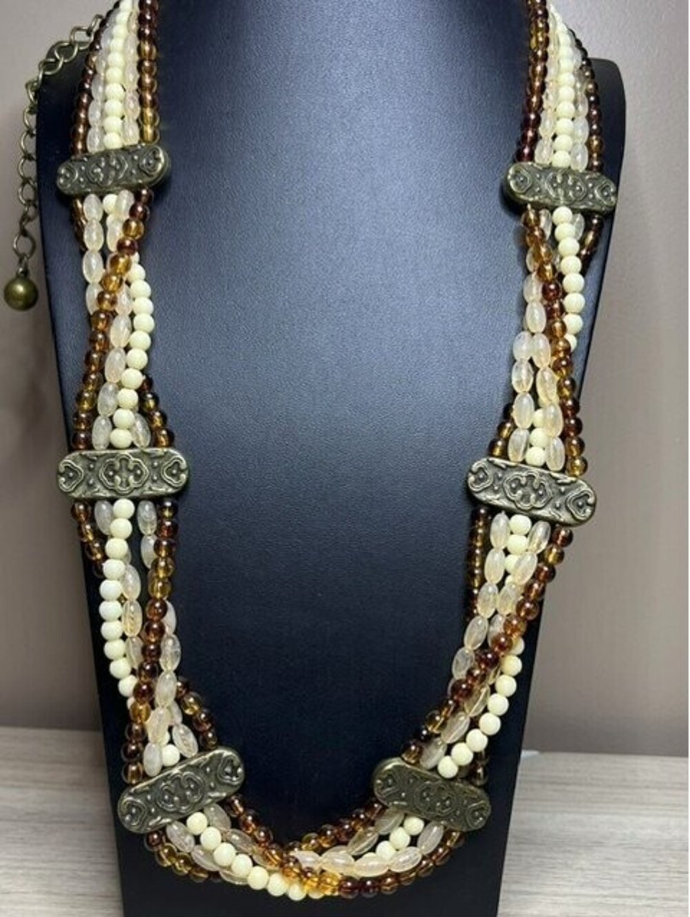 B7337 VTG Bohemian statement Necklace Faux Amber Beaded Antique Bronze 28-38"